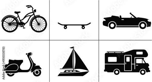 Transport vector silhouette set with bicycle, skateboard, car, scooter, sailboat, and camper