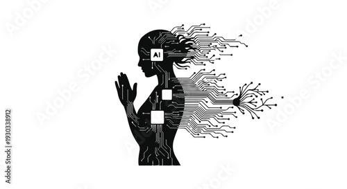 Silhouette of a person praying, with AI and circuit board elements merging into abstract data streams.
