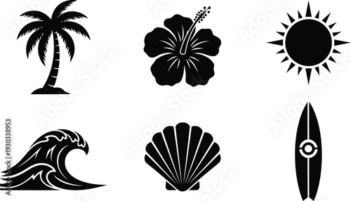 Tropical beach vector silhouette set with palm tree, hibiscus, sun, wave, shell, and surfboard icons