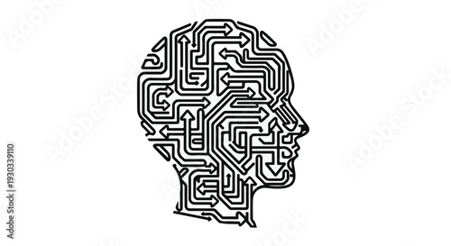Abstract representation of a human head filled with intricate circuit board pathways and arrows, symbolizing artificial intelligence.