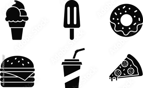 Fast food and dessert vector silhouette icons set for menu, snack bar, and restaurant design