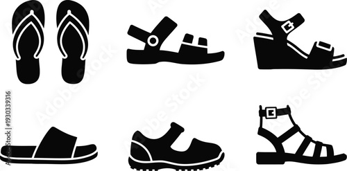 Summer sandals vector silhouette set, black footwear icons collection for fashion design
