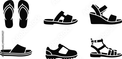 Footwear silhouette vector set of sandals and shoes in black isolated on white background