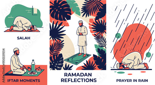 Set of 3 Ramadan and Islamic Prayer Vector Illustrations