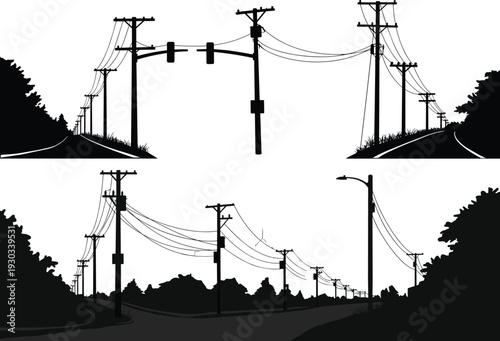 Silhouette of suburban road with utility poles, traffic light, streetlight, power lines, roadside vegetation, electricity distribution, urban infrastructure, high voltage gridSilhouette of 