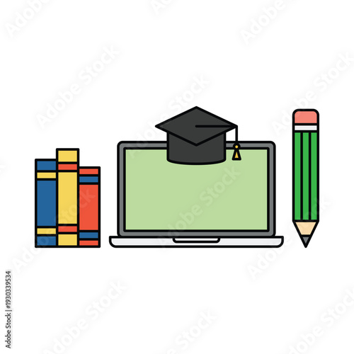 A laptop displaying a graduation cap on its screen surrounded by books and a pencil symbolizing education and learning