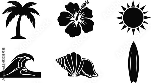 Tropical summer vector silhouette set with palm tree, hibiscus, sun, wave, shell, and surfboard