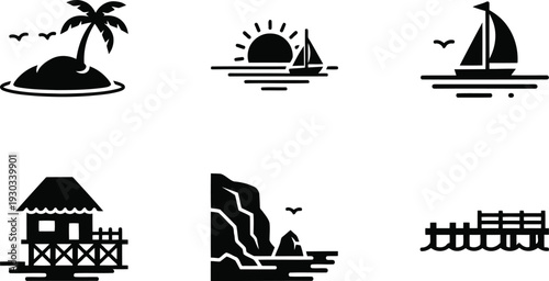 Tropical beach and sea landscape vector silhouette icons set with sunset, sailboat, island, pier