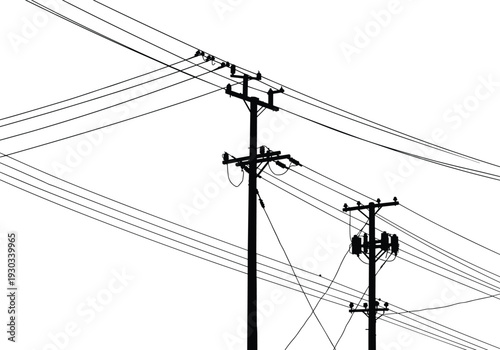Silhouette of utility poles with transformers, crossarms, insulators, communication devices, electricity distribution network, urban infrastructure, industrial landscape, high voltage grid