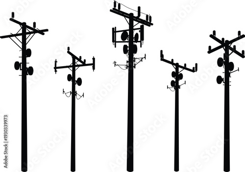 Silhouette of utility poles with crossarms, insulators, transformers, communication devices, rural electricity distribution, energy infrastructure, industrial landscape, high voltage grid