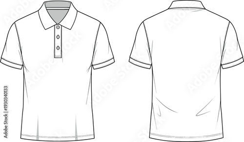 Blank white short sleeve polo shirt vector illustration template with front and back views for fashion design flat sketch mockup.