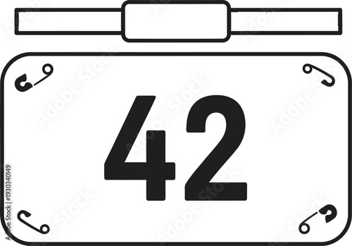 Minimalist illustration of a white race bib or competitor number tag displaying the number forty two securely pinned.