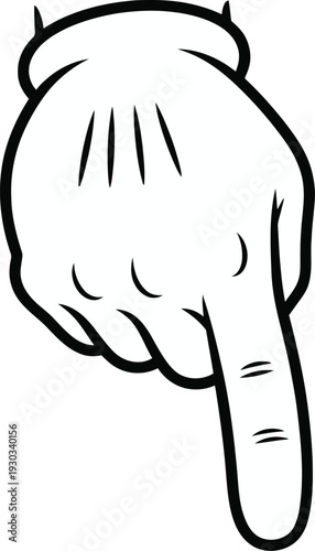 Classic cartoon white gloved hand with index finger extended downwards against a solid blue background indicating direction or selection.