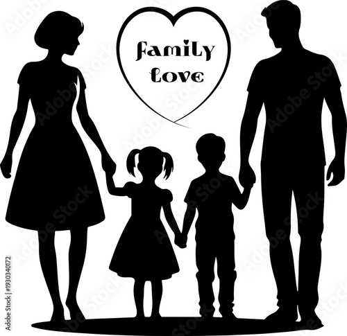 Happy family silhouette with parents and children love concept black vector illustration