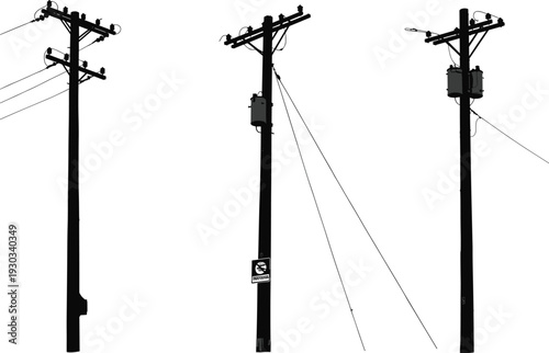 Silhouette of utility poles with transformers, crossarms, insulators, danger sign, rural electricity distribution, energy infrastructure, industrial landscape, high voltage power grid