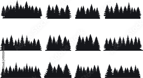 Silhouette pine tree cluster collection with conifer variations, forest density patterns, outdoor woodland illustration, botanical taxonomy, environmental design art