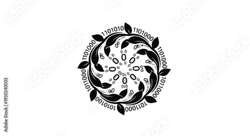 Abstract digital mandala with organic nature elements and binary code