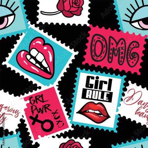 Abstract seamless fashion print with lips and slogan. Repeated graffiti pattern for  textile, sport clothes, wrapping paper,  T-shirts,  web. 