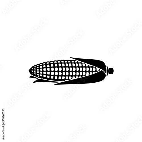 Black and white illustration of a single ear of corn with husk