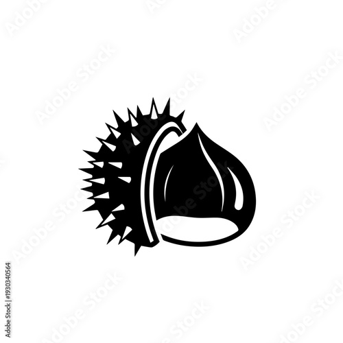 Black and white illustration of a spiky fruit with a teardrop shape resembling a durian