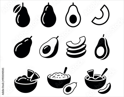 Fresh Avocado and Guacamole Dip Icon Set with Sliced Fruit and Healthy Food Symbols Vector Illustration.
