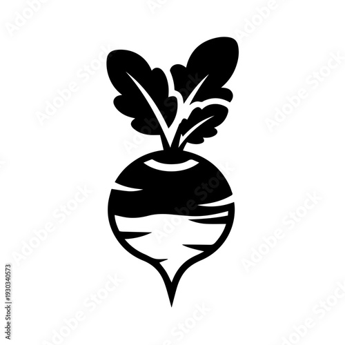 Black and white illustration of a radish with green leafy top sprouting from the soil