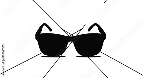Sleek black sunglasses casting a shadow against a bright white background with abstract lines.