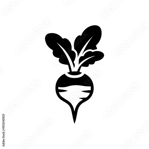 Black and white illustration of a turnip with green leafy top