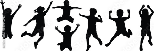 Silhouette of seven kids jumping high, playful children, energetic movement, happy moments, outdoor activity, childhood joy, group of friends, active lifestyle, fun concept image