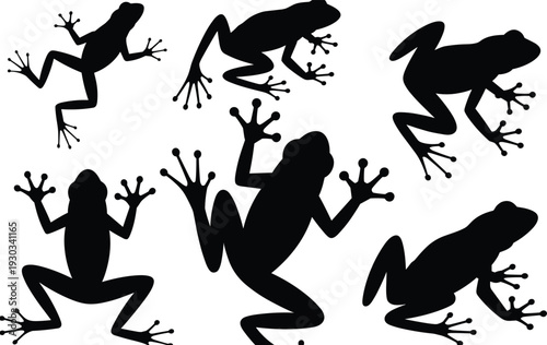Silhouette of tree frogs in different jumping, climbing, sitting poses isolated on white background for nature, wildlife, and amphibian concept design.Silhouette of tree frogs in different jumping