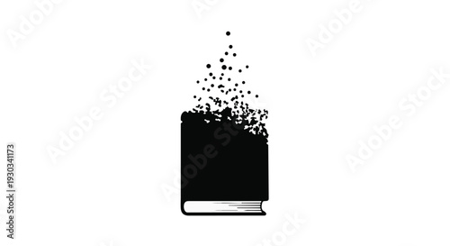 Black book dissolving into scattered particles against a white background, symbolizing knowledge dispersion or fading ideas.