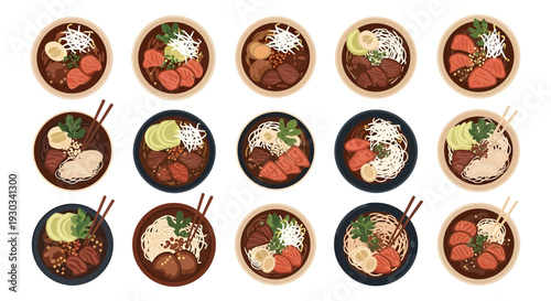 Top view illustration of various Thai boat noodles bowls with meat and vegetables on white background