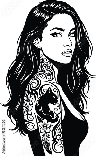 Edgy woman with cat and floral shoulder tattoos looking back with long flowing hair black and white vector illustration for tattoo studio branding.
