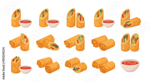 Fried Spring Rolls Vector Set with Sweet Chili Sauce, Asian Appetizer Illustration