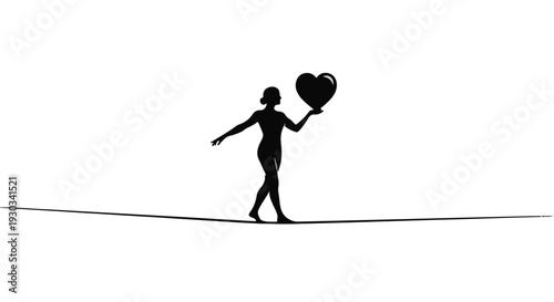 Silhouette of a woman balancing a heart balloon on a tightrope, representing love and emotional equilibrium.
