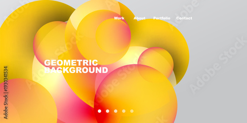 Abstract shapes overlap, creating vibrant color gradients. Text elements present work, about, portfolio, contact options. Minimalist design.