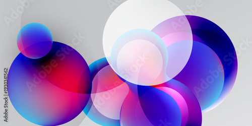 Abstract circles overlap, creating vibrant color blends. Gradient hues shift from blue to pink, white dominates background. Modern design.