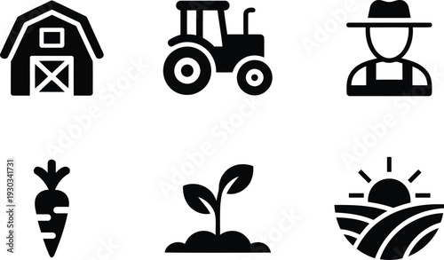 Agriculture and Farming Icon Set Featuring Tractor Barn Farmer Carrot Plant and Sunrise Over Field for Organic Business Branding