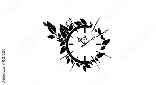 Whimsical clock face adorned with delicate leaves and branches, symbolizing growth and the passage of time.