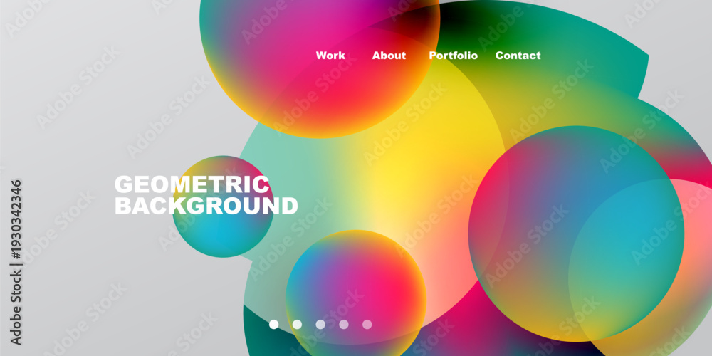 Obraz premium Abstract colorful circles overlap, creating vibrant design. Text labels present work, about, portfolio, contact options. Geometric background visible.