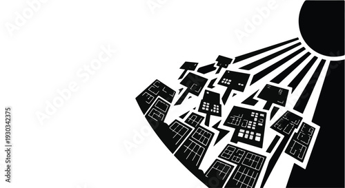 Modern city skyline illuminated by bright sun, symbolizing clean energy and urban development.