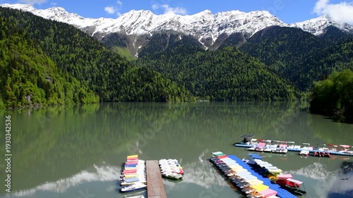 Sunny May day on the Lake Ritsa. Republic of Abkhazia