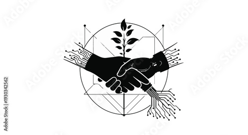 Human and robotic hands shaking, symbolizing partnership and future growth with integrated technology and nature.