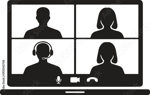 Online Video Conference Meeting on Laptop Screen – Remote Work Virtual Team Communication Concept Vector