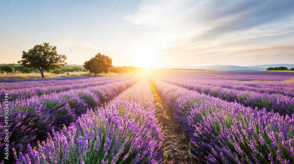 Fototapeta premium Lavender fields showing rows of fragrant purple flowers under a sunny golden sunset sky, indicating growth and summer agriculture