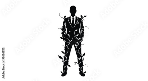 Silhouette of a man in a suit entangled with vines, symbolizing growth and nature's embrace.