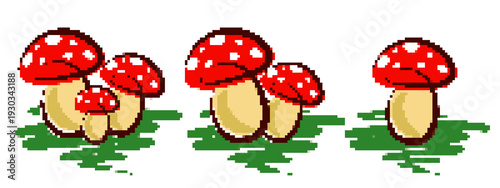 Pixel simbols of forest mushrooms with green grass.