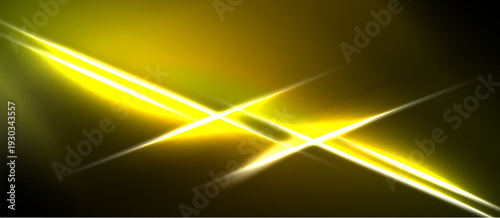 Bright yellow light streaks cross dark background. Intense glow creates dynamic visual effect. Energy radiates from central point.