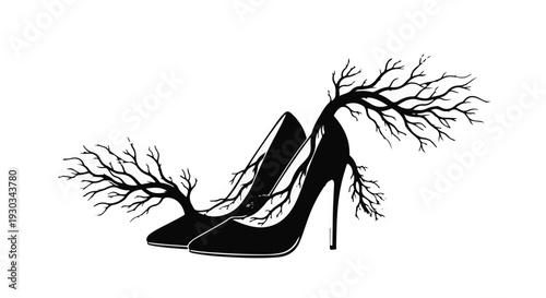 Elegant black high heels transform into delicate tree branches, symbolizing nature's embrace.