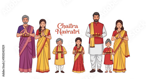 A family of six people in traditional Indian attire celebrating Chaitra Navratri with folded hands, symbolizing Hindu culture and devotion during Spring in India.